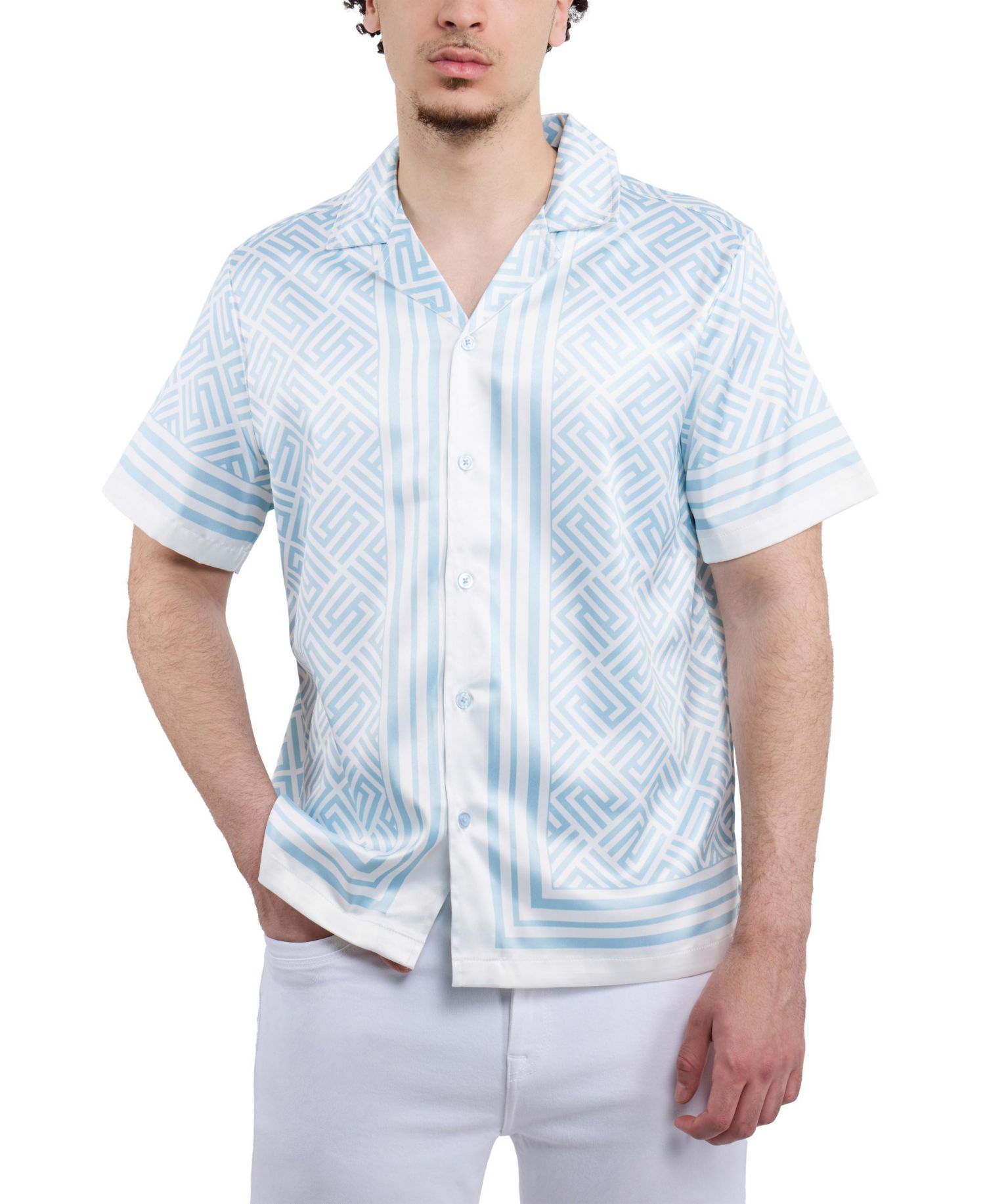 Men's Regular Fit Camp Collar Short Sleeve Printed Woven Satin Shirt