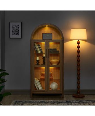 High Arched LED Light Wooden Storage Cabinet Adjustable Glass Partition Modern Retro Home Multi-Functional Display Cabinet