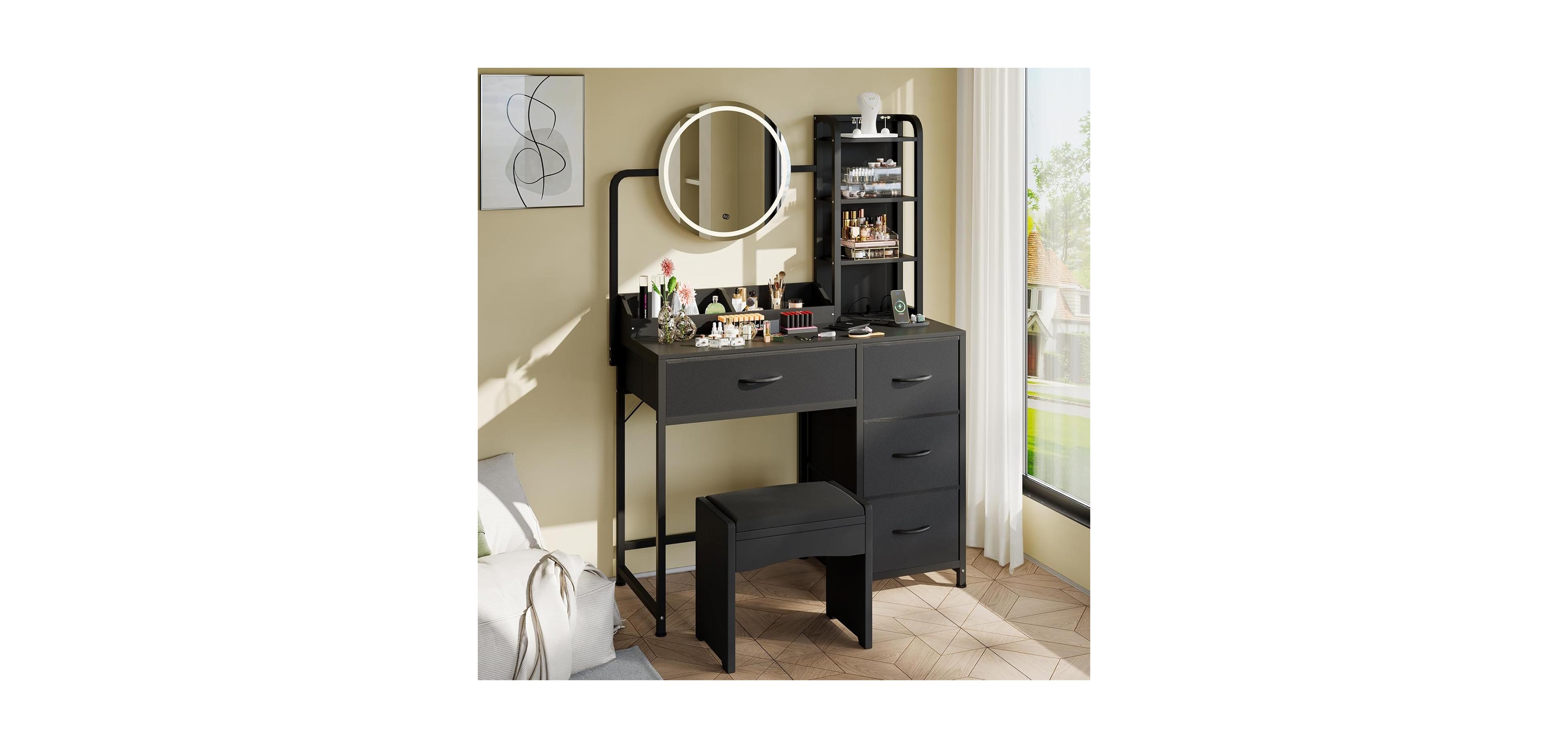 gaomon Modern Lighted Mirror Vanity, 4-Drawer Makeup Dressing Table for Bedroom Spaces