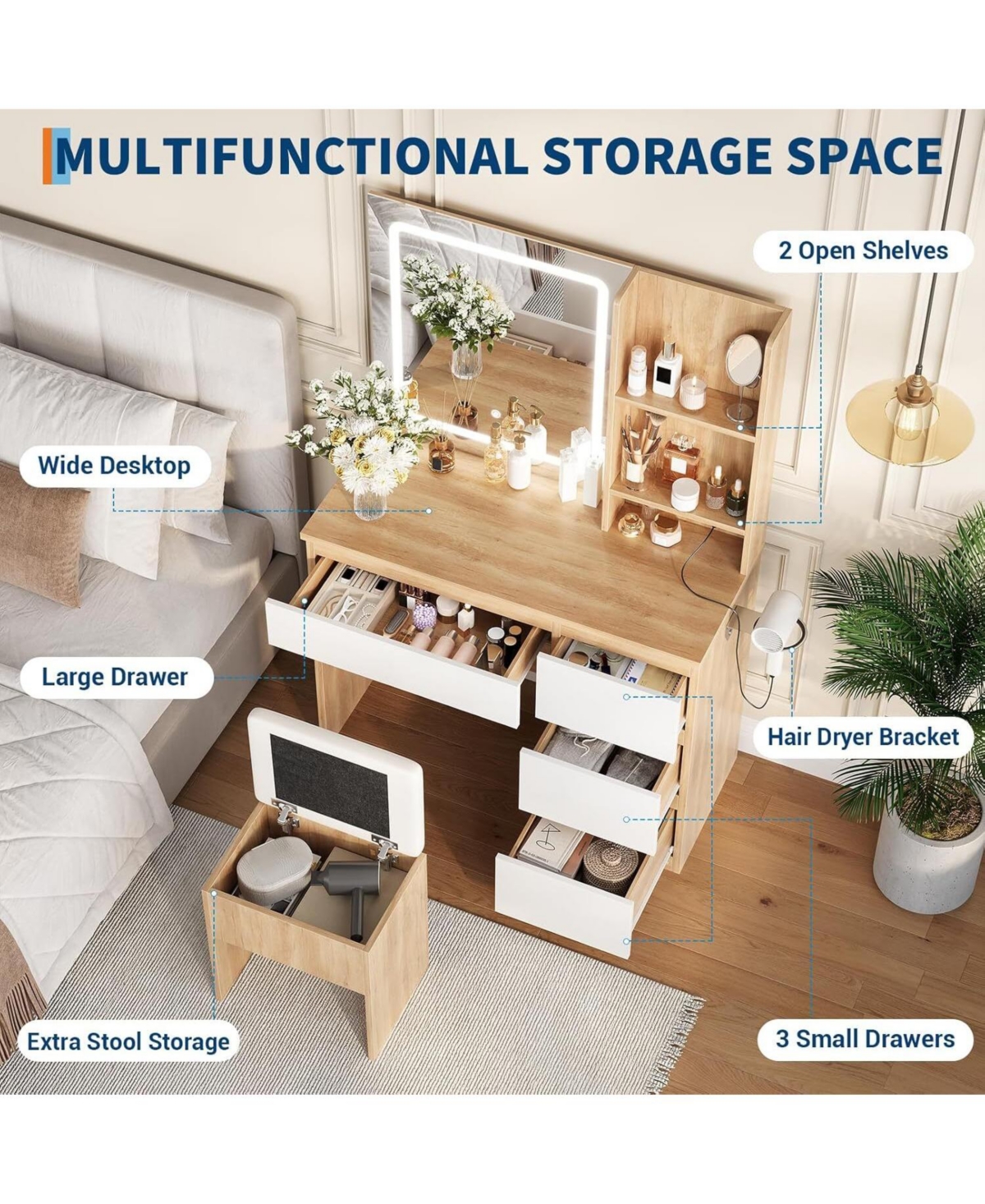 gaomon Wood 4-Drawer Led Vanity Set, Makeup Desk with Power Outlet, Mirror and Stool