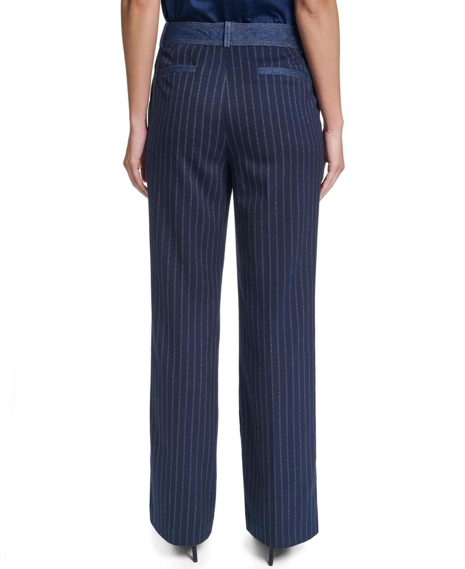 Petite Striped Straight-Leg Denim Waistband Pants