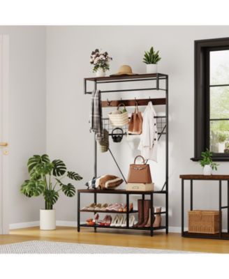 Freestanding Clothes Rack, 72 Inch Metal and Wood Hall Tree with Hanging Rod and Shoe Storage for Entryway