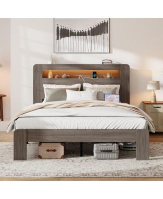 Full Size Wood Platform Bed Frame with Storage LED Headboard, USB Ports, Wood Slats, No Box Spring Needed