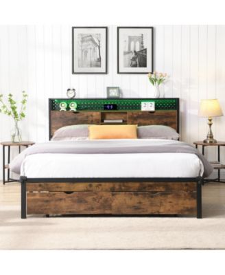 Queen Size Platform Bed Frame with LED Lights and USB Outlets, Storage Drawers, Headboard Compartments, No Box Spring Needed