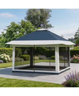 12 x 12 Feet Cantilevered Folding Shelter With Roll-Up Eaves And Mesh Sidewalls, Pop-Up Patio Canopy For Backyard