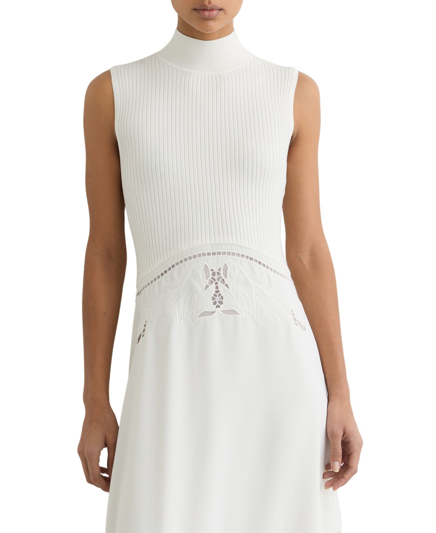 Женское платье REISS Rib-Knit Mix Broderie Midi, цвет: Слоновая кость — фото 3