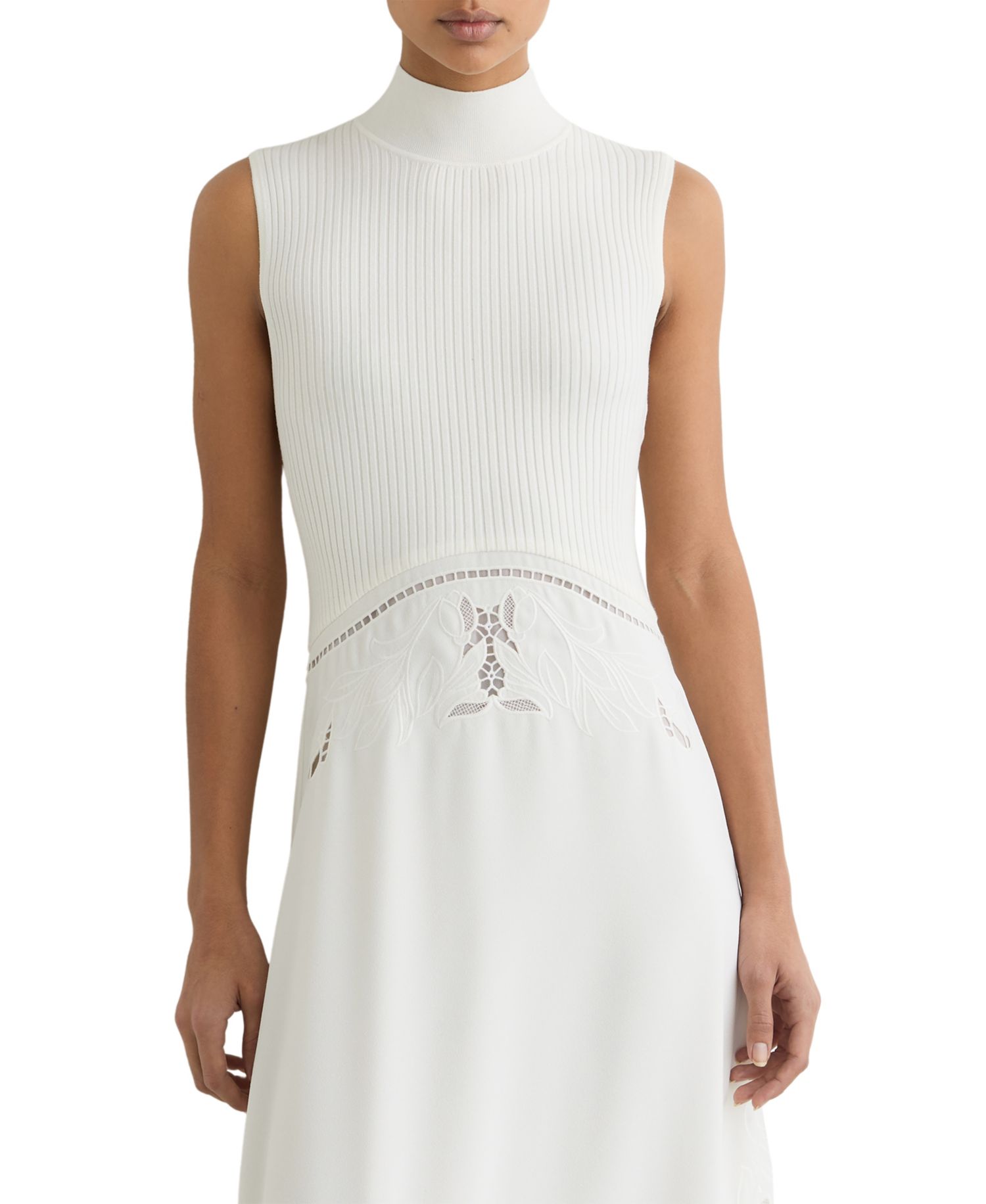 Women's Rib-Knit Mix Broderie Midi Dress