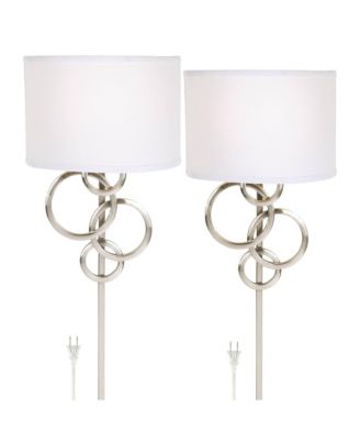 Circles Modern Wall Light Sconces Set of 2 Brushed Nickel Plug-in 12" Fixture  Cotton Shade for Bedroom Reading House