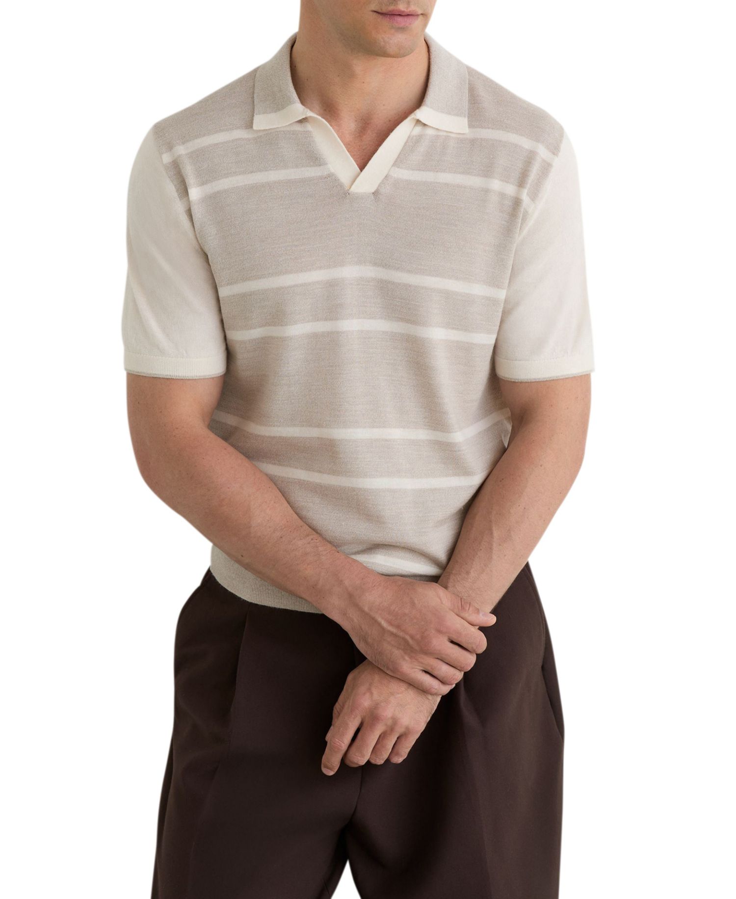 Men's Miles Open Collar Striped Merino Wool Polo Shirt