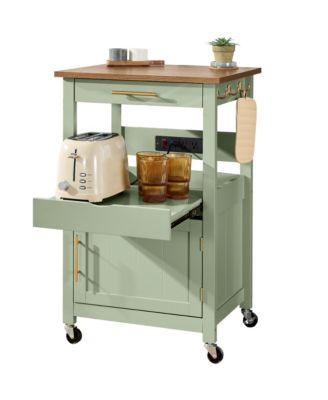 Rolling Kitchen Island Cart, Cabinet With Drawer, Sliding Tray, Outlet, Wheels, Hooks