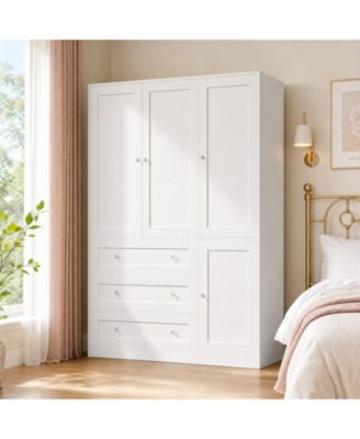 Wooden Armoire Wardrobe Closet, 71''H Large Clothing Storage Cabinet with Handing Rod and 3 Drawers, Armoire Clothes Organizer for Bedroom