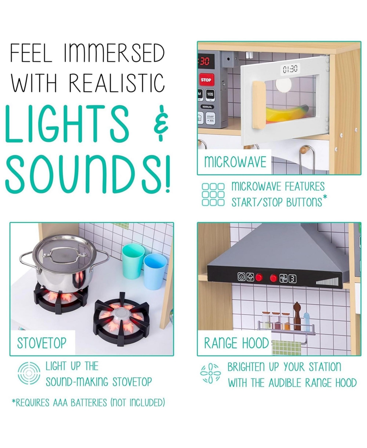 Lil' Jumbl Kids Kitchen Playset, Pretend Kids Wooden Kitchen with Washer and Dryer, Sink and More