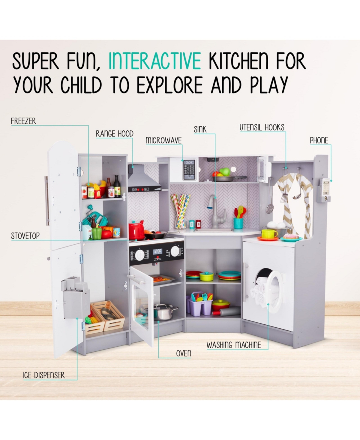 Lil' Jumbl Corner Kids Kitchen Playset, Pretend Kids Wooden Kitchen with Stovetop, Faucet and More