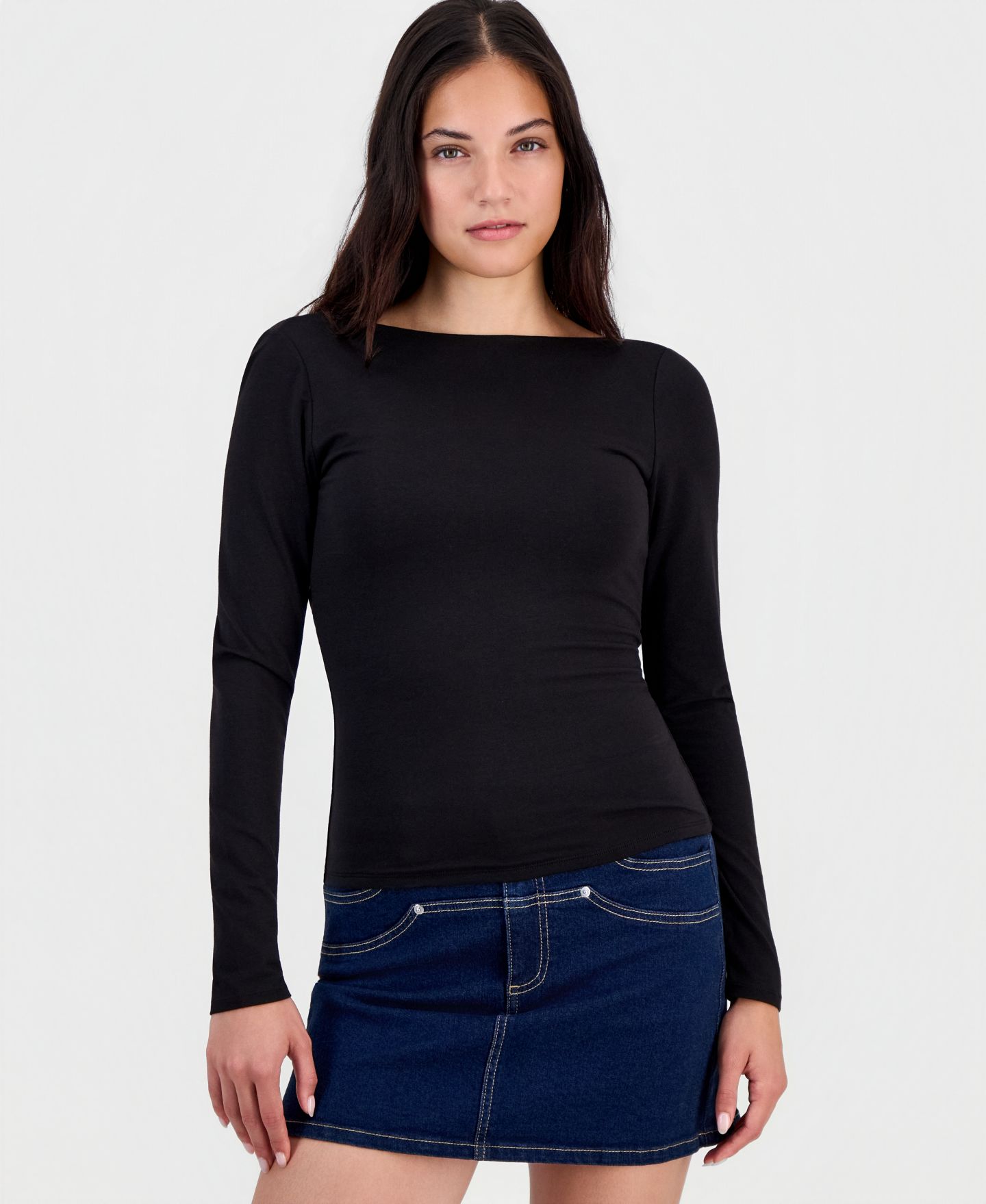 Женский топ Bar III Draped-Back Long-Sleeve, цвет: Чёрный — фото 1
