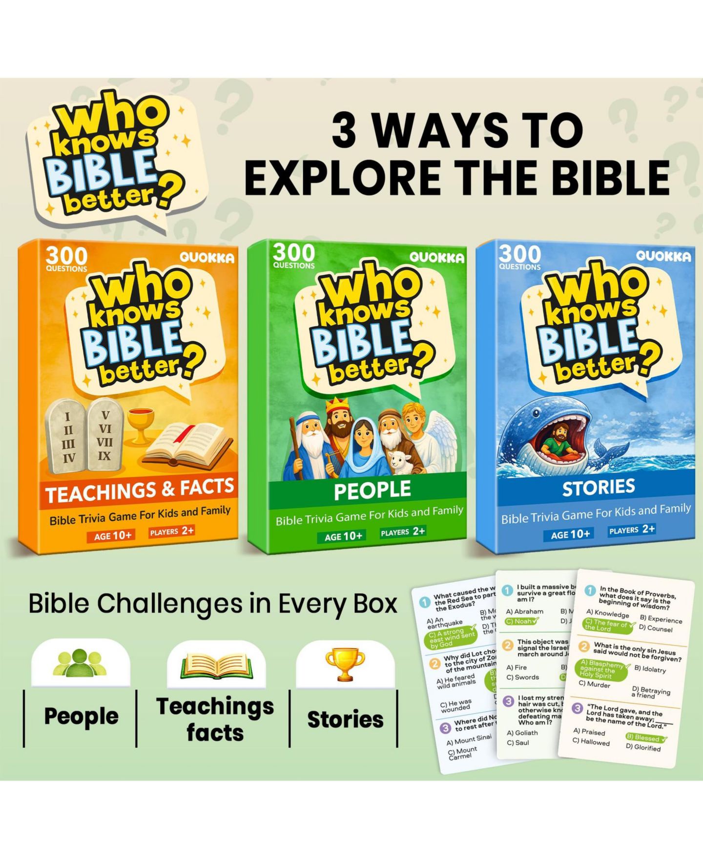 Детская карточная игра Quokka Bible and Generations Trivia Card Game with 300-900 Questions, Ages 10+, цвет: Bible 3-Game Set — фото 3