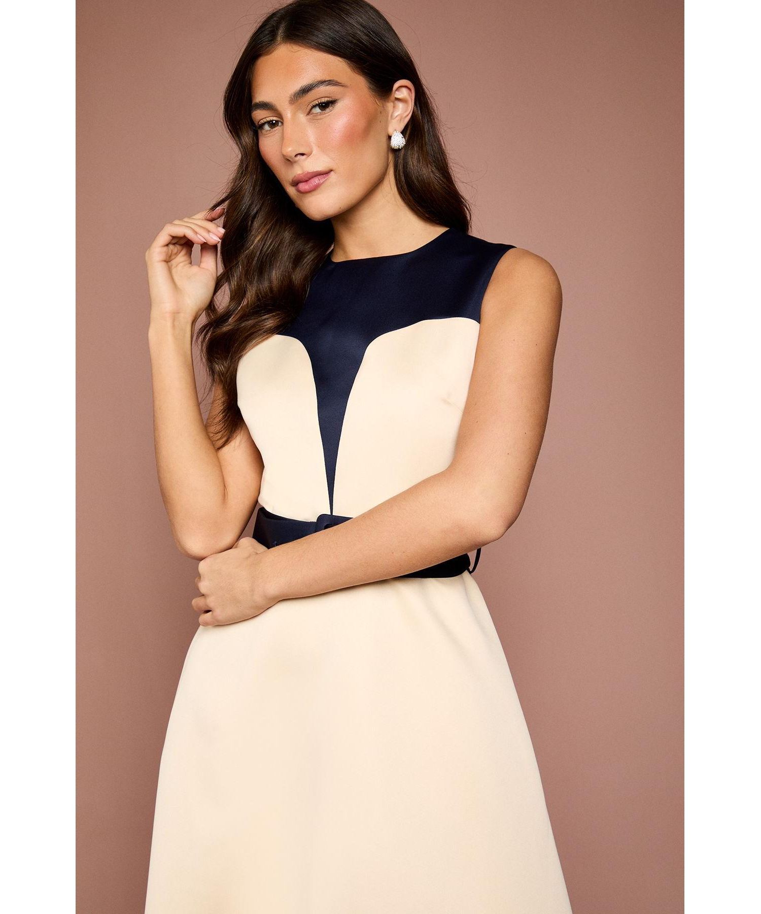 Women's Colour Block Crepe Belted Midi Dress