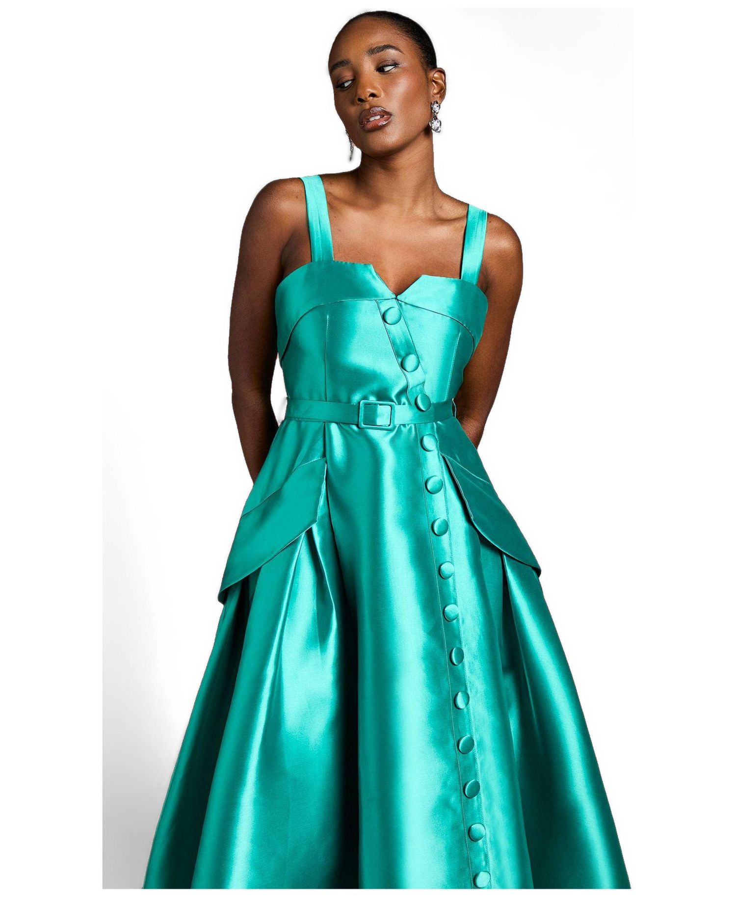 Women's Button-Trim Belted Full Skirt Midi Dress