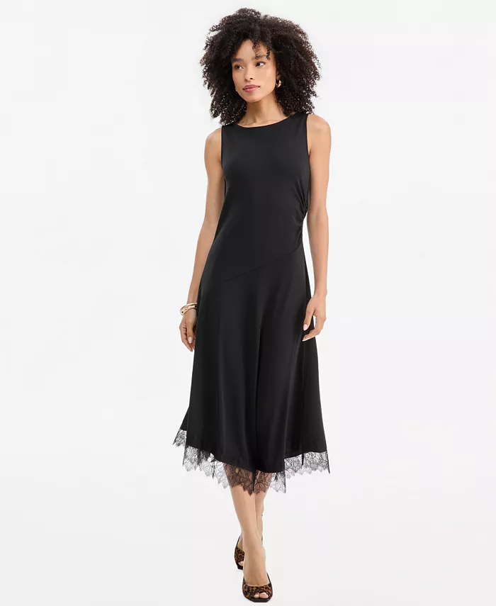 Women's Lace-Trim Asymmetrical-Hem Sleeveless Midi Dress
