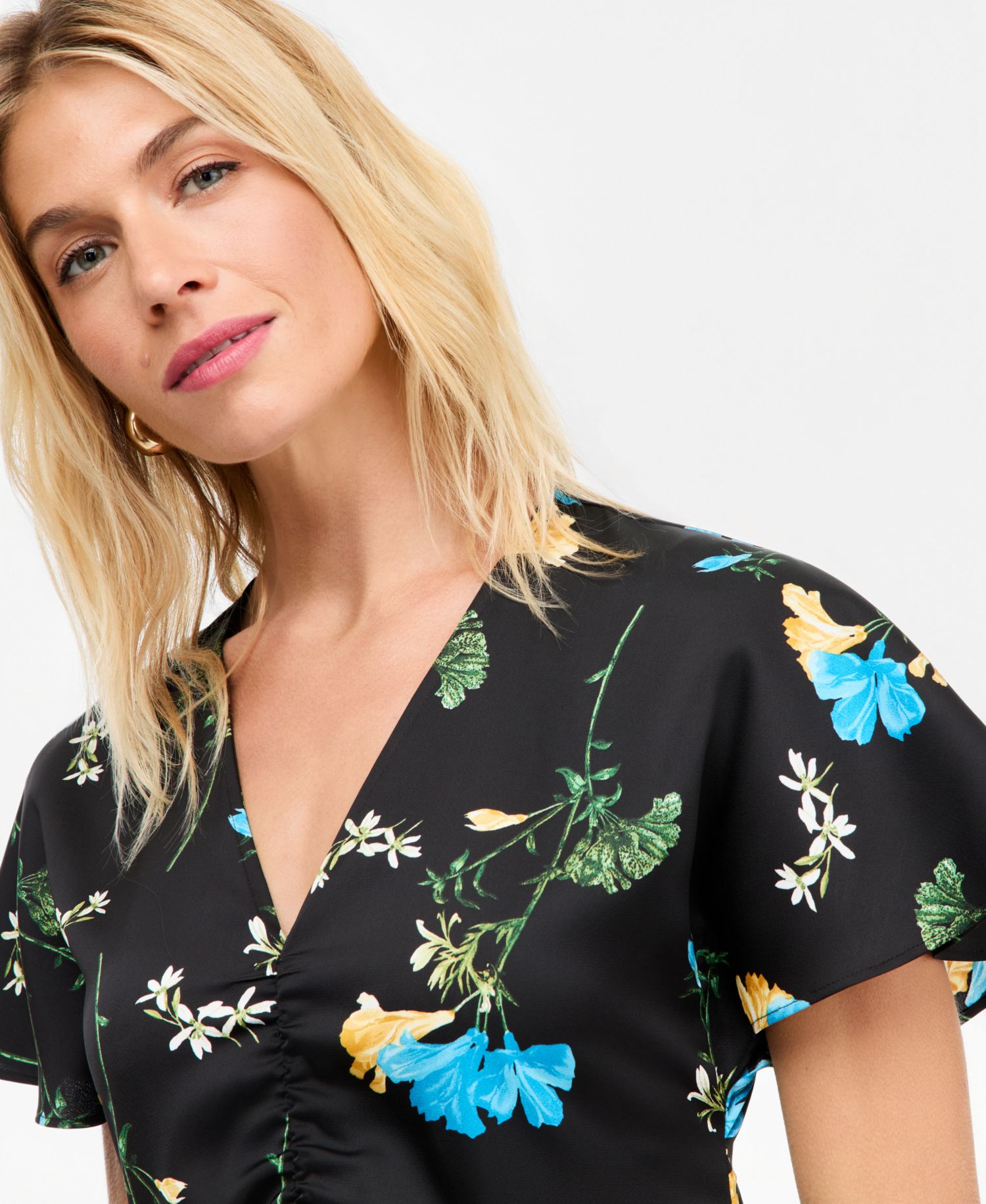 Women's Floral Satin Asymmetrical Hem Midi Dress