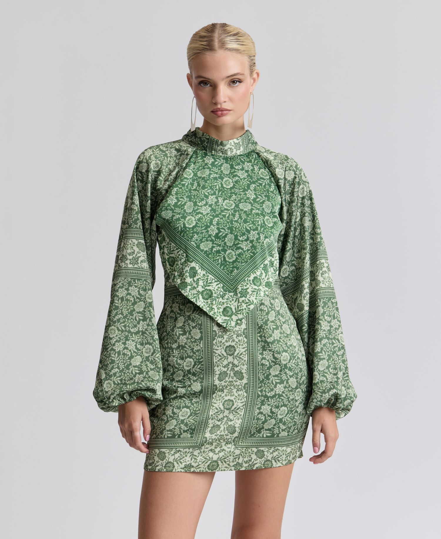 Women's Printed Satin High-Neck Scarf Mini Dress