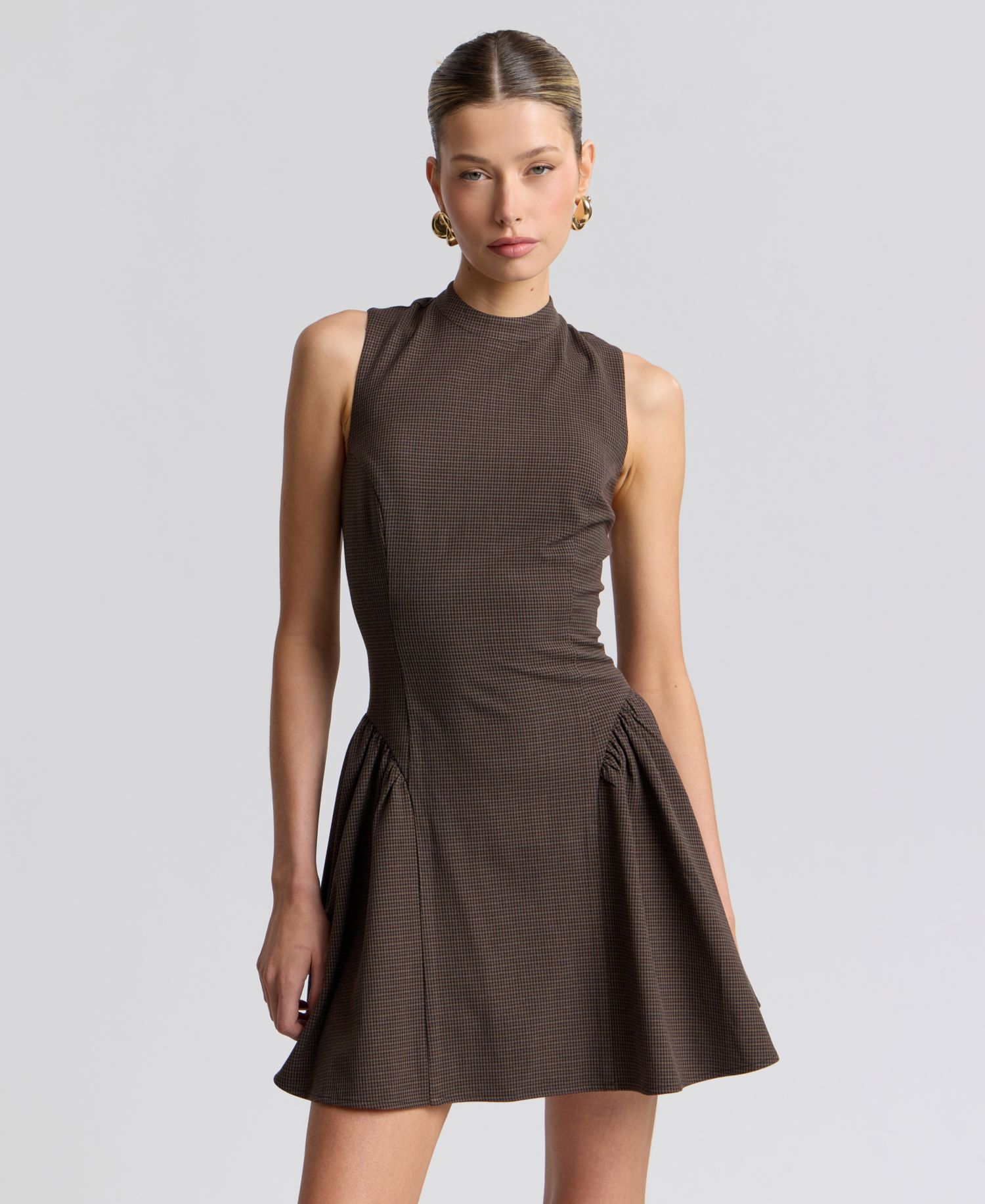 Women's Stretch Plaid Mock-Neck Flounce Mini Dress