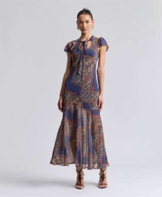 Women's Scoop Neck Tie Detail Godet Maxi Dress