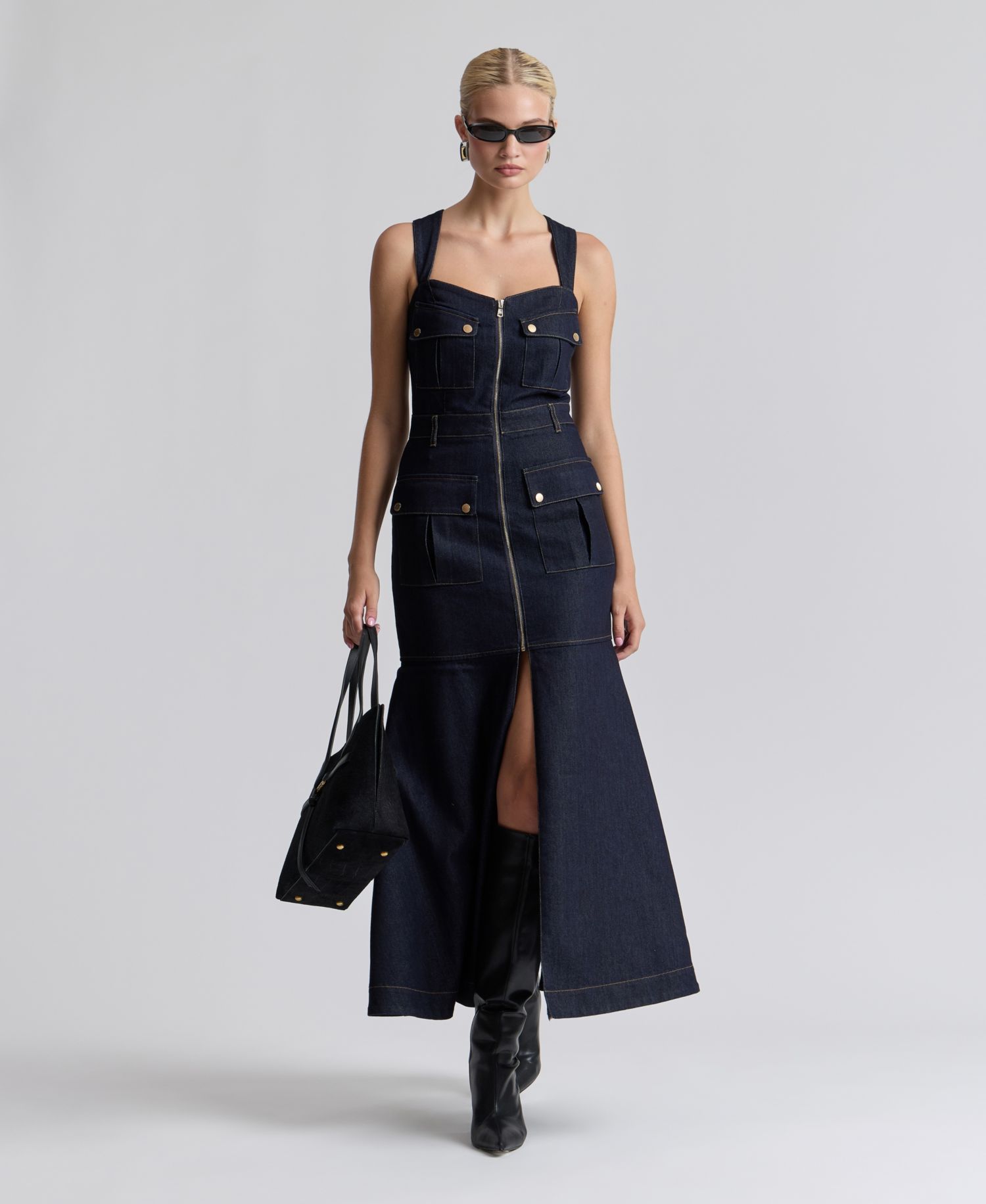 Women's Stretch Denim Cargo Zip-Front Midi Dress