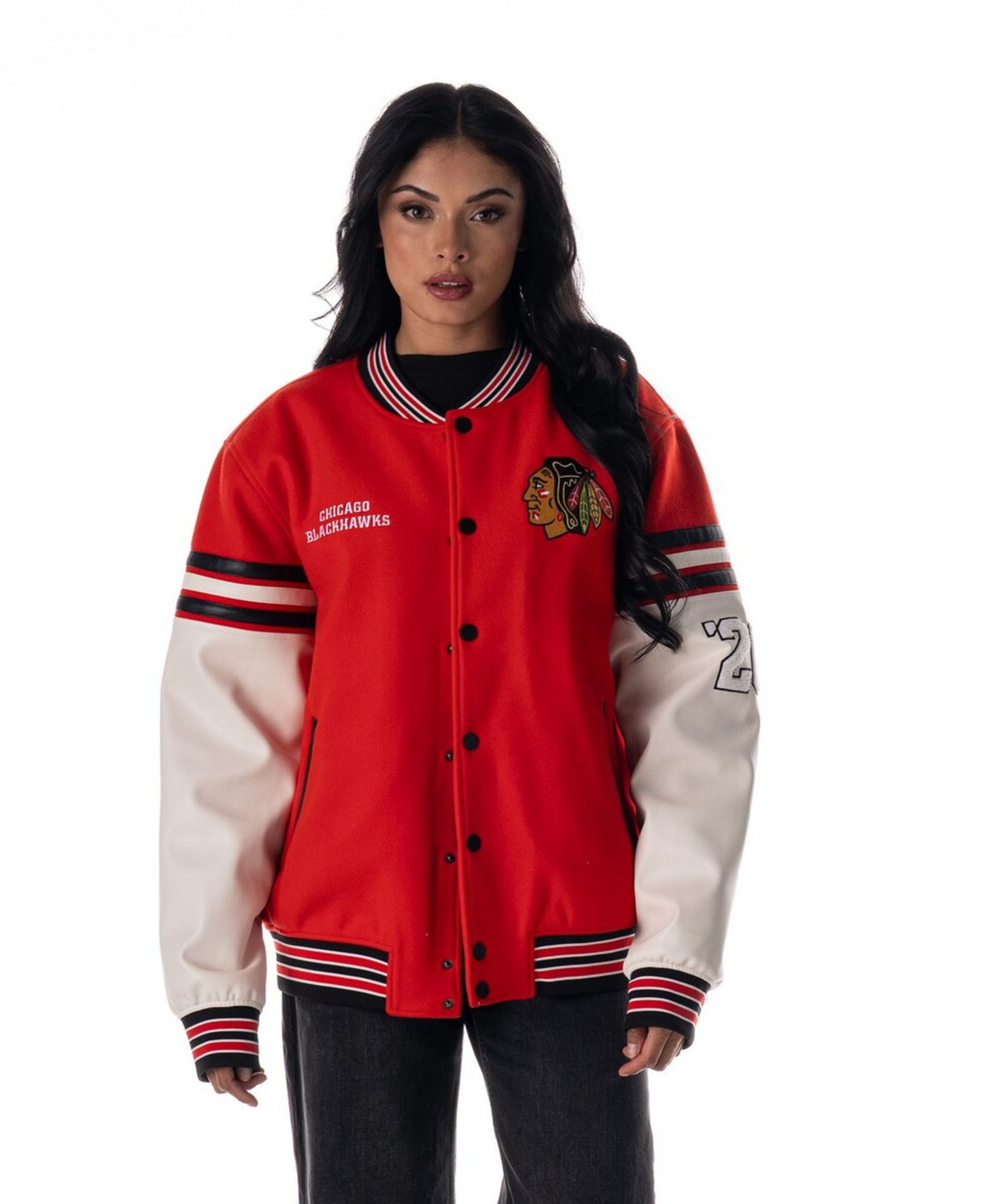 Men's and Women's Red Chicago Blackhawks Drop Shoulder Full-Snap Varsity Jacket