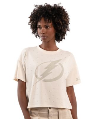 Women's Cream Tampa Bay Lightning Rhinestone Sprinkle Boxy Cropped T-Shirt