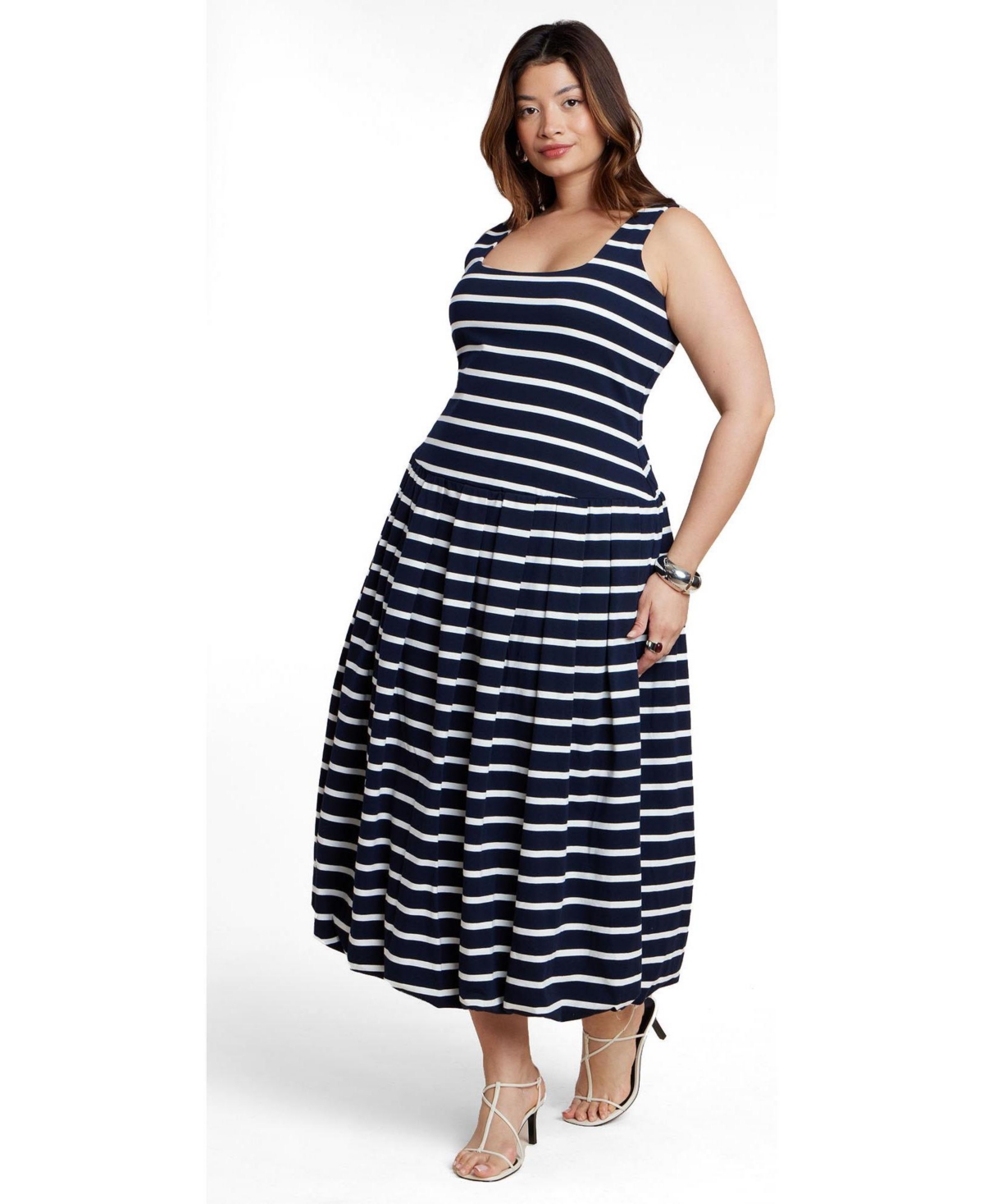 Eloquii Women's Striped Drop-Waist Bubble Maxi Dress