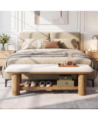 End of Bed Bench with Faux Lamb Wool Cushion for Bedroom, 62.9-Inch Wooden Upholstered Storage Bedroom Bench with Shoe Rack