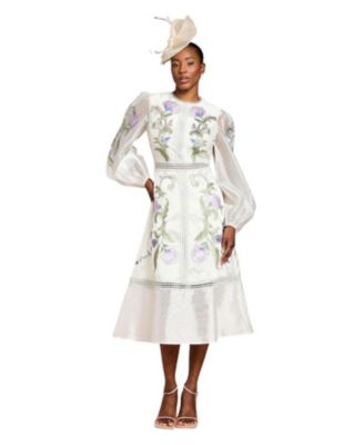 Women's Embroidered Blouson Sleeve Midi Dress