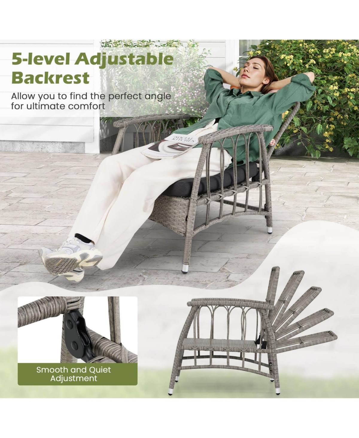 Costway 3 Piece Patio Pe Wicker Furniture Set with 5-Level Adjustable Backrest Bistro Set
