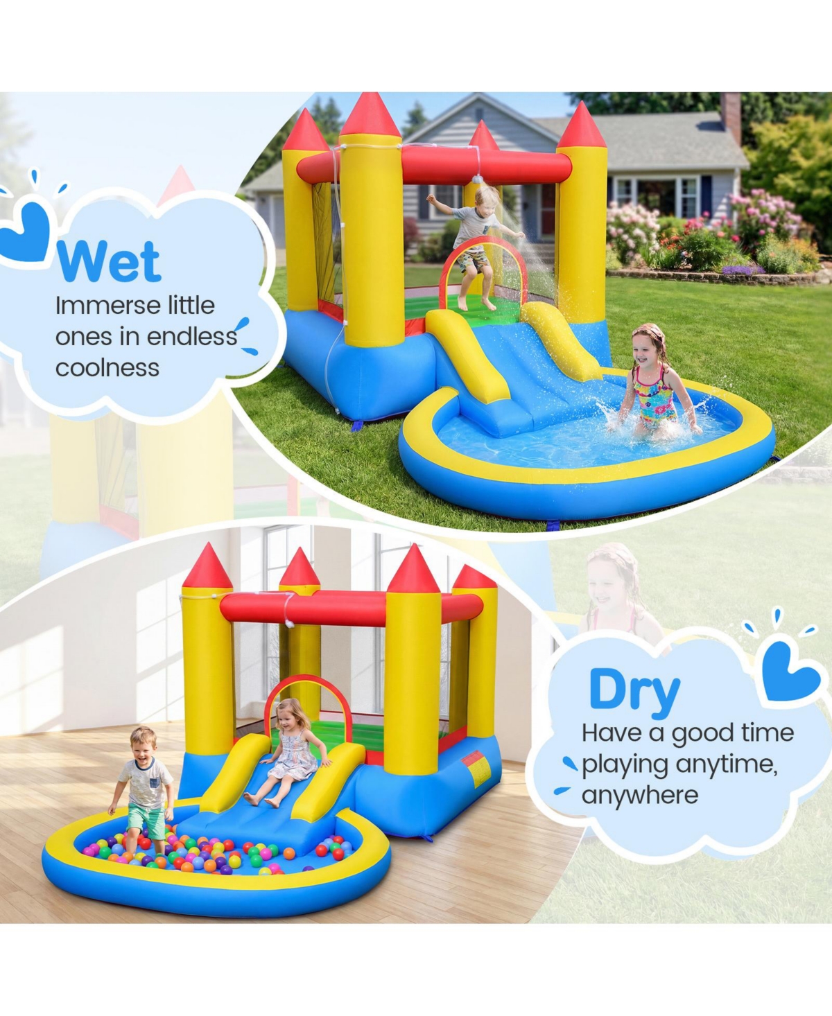 Gymax Inflatable Bounce House w/ Splash Pool Water Slide and Bouncy Area for Kids