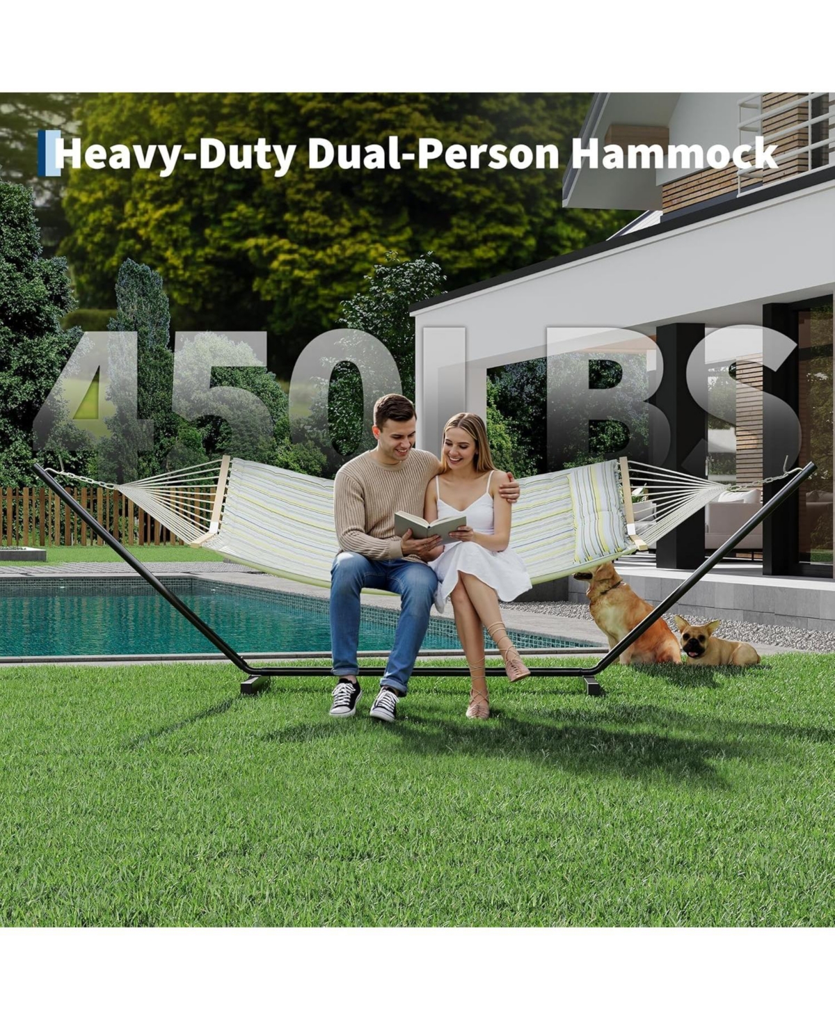 homfan Double Outdoor Hammock Set with Adjustable Steel Frame and Detachable Pillows, 2-Person Hammock for Yard, Patio, Garden and Beach