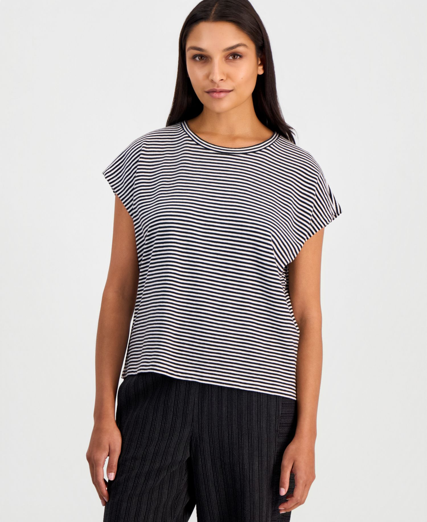 Women's Cotton Striped Cap-Sleeve Crewneck Tee