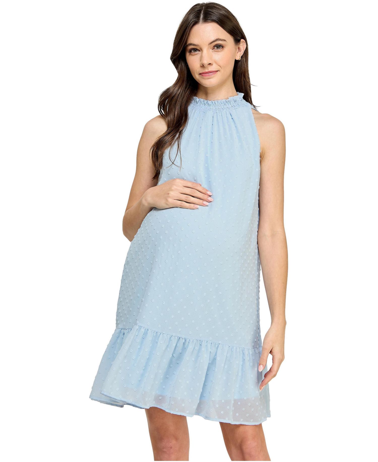 Women's Swiss Dot Mock Neck Dress with Ruffle Hem