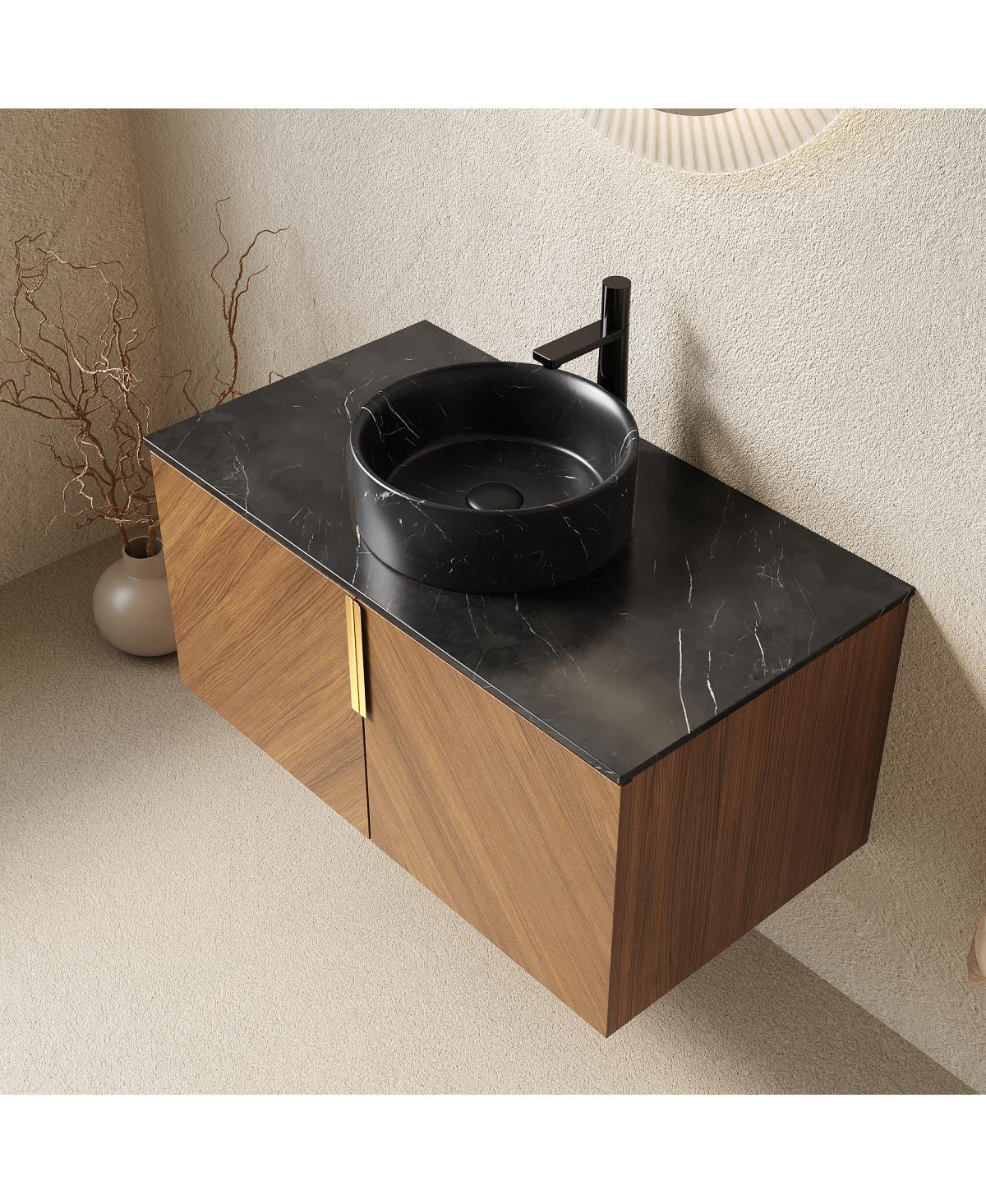 Sillysis Floating Bathroom Vanity Cabinet with Ceramic Vessel Sink, Sintered Stone Countertop, Large Storage