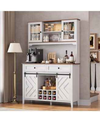 72" Farmhouse Bar Cabinet with Sliding Barn Doors, Hutch, 2 Drawers, 8 Shelves and Charging Station, Rustic Coffee Bar for Dining Room