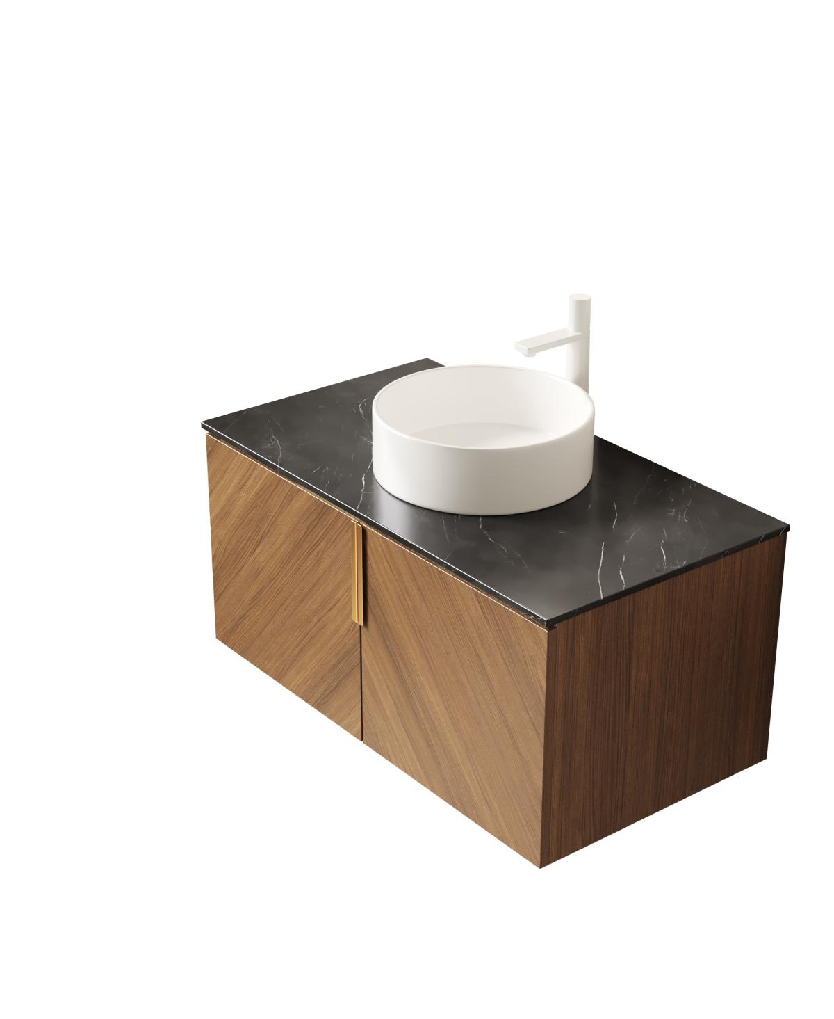 Sillysis Floating Bathroom Vanity Cabinet with Ceramic Vessel Sink, Sintered Stone Countertop, Large Storage