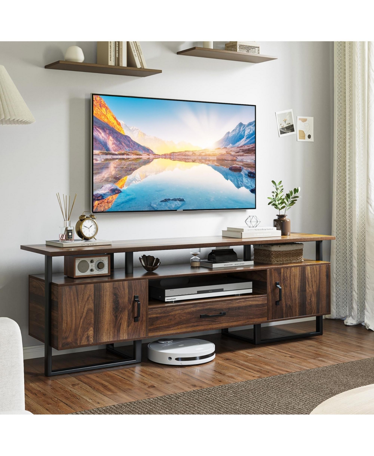 homfan Mid Century Modern Tv Stand for 75 Inch Tv, Entertainment Center, Storage and Drawer, Industrial Media Console for Living Room