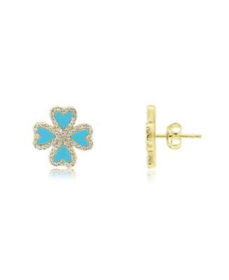 Turquoise CZ Lucky Clover Stud Earrings 14K Gold-Plated Sterling Silver