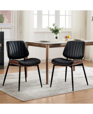 Set of 2 Modern Boho Dining Chairs - PU Leather Upholstered, Curved Walnut Backrest - Ergonomic - Mid-Century Accent Side Chairs