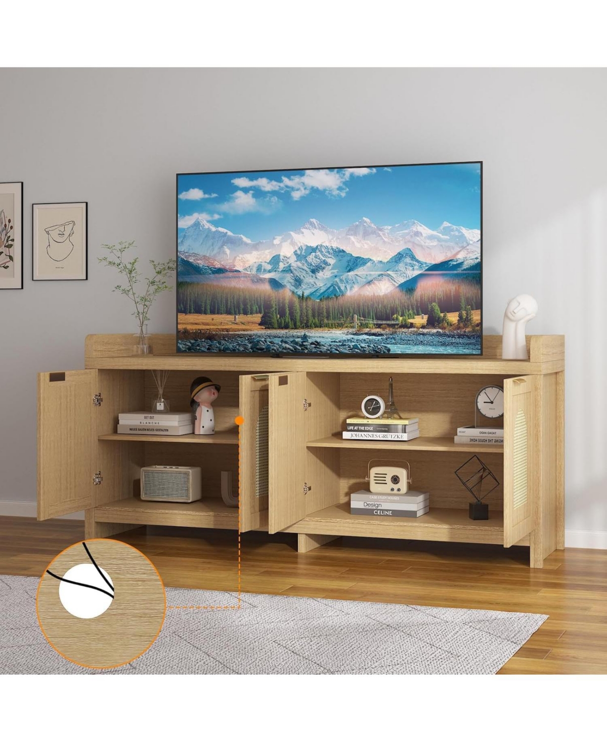 homfan Modern Rattan Tv Stand Entertainment Center with Glass Doors - for TVs Up to 65 Inch, 61.5inch Storage Console Cabinet for Living Room