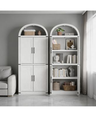 Arched Glass Door Bookshelf, Freestanding Engineered Wood 4-Door Display Cabinet with Anti-Tip Design Home Storage Cabinet
