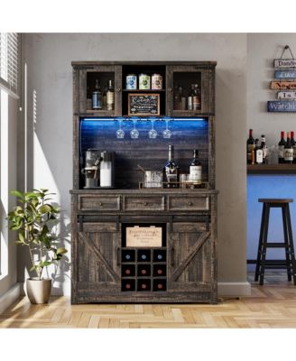 Farmhouse Coffee Bar Cabinet with LED Lights and Power Outlets - Barn Door Buffet with Wine Storage for Kitchen Dining Room