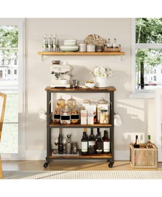 3 Tier Bar Cart, 32 Inch Brown Rolling Kitchen Island Cart with Locking Wheels and Hooks for Kitchen or Pantry
