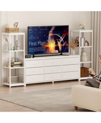 Industrial TV Stand Dresser, 9 Fabric Drawers and 2 Four-Tier Storage Shelves, Fits TVs Up to 75 Inches, Large Media Console for Living Room