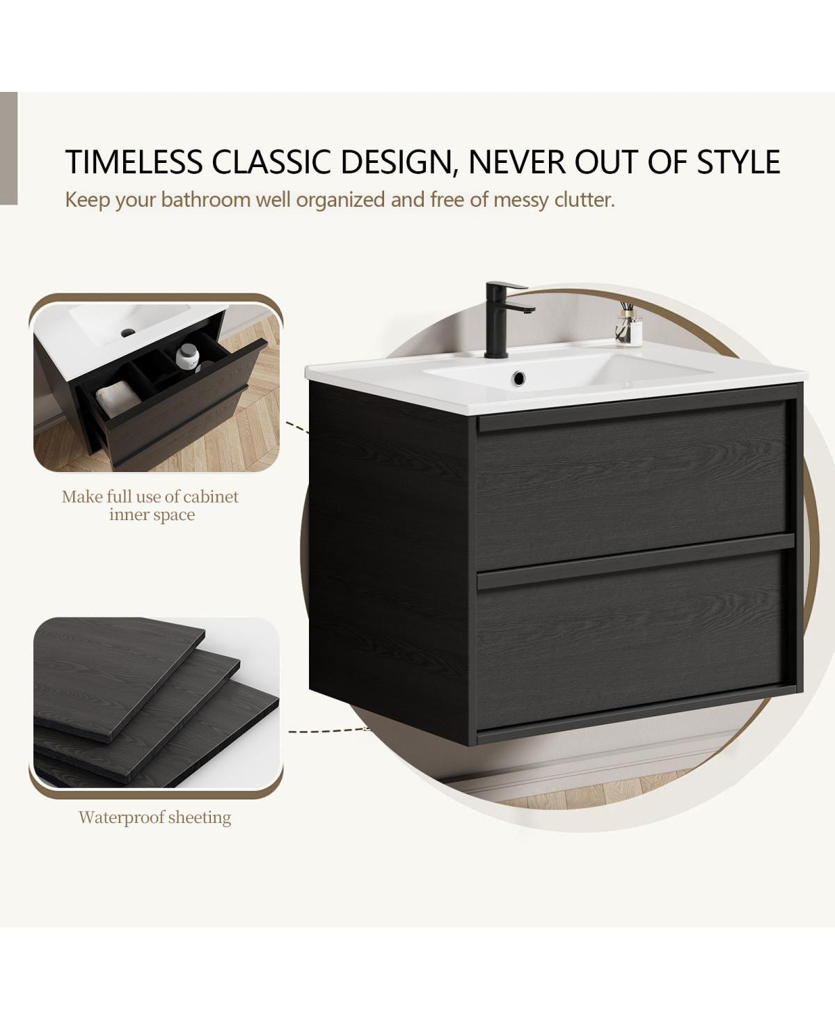 Sillysis Wall Mounted Bathroom Vanity with Ceramic Sink, Soft Close Drawers, Floating Black Cabinet
