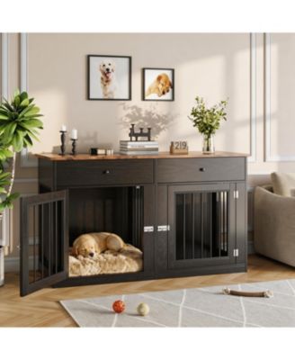 Dog Crate TV Stand, Heavy Duty Pet Kennel Furniture with 2 Drawers, Indoor Dog Cage End Table for Small to Medium Dogs
